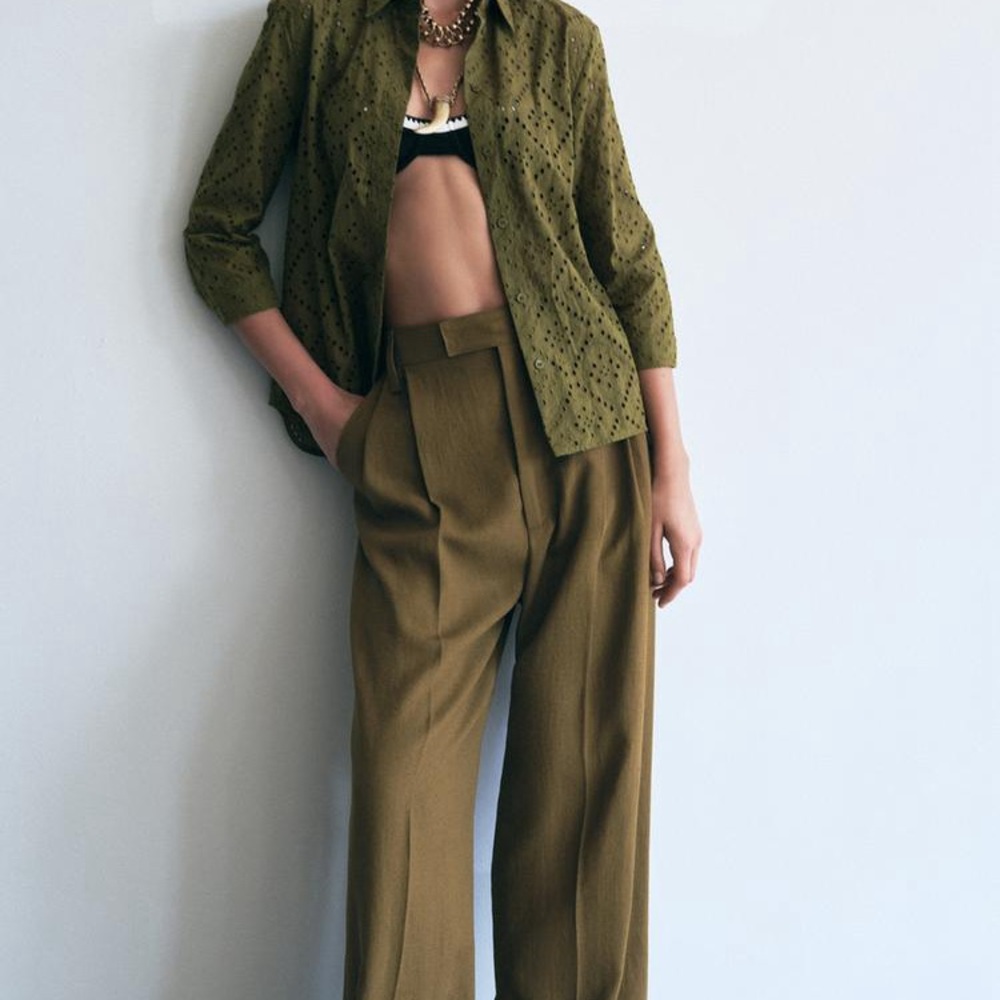 Zara Olive Green Eyelet Blouse